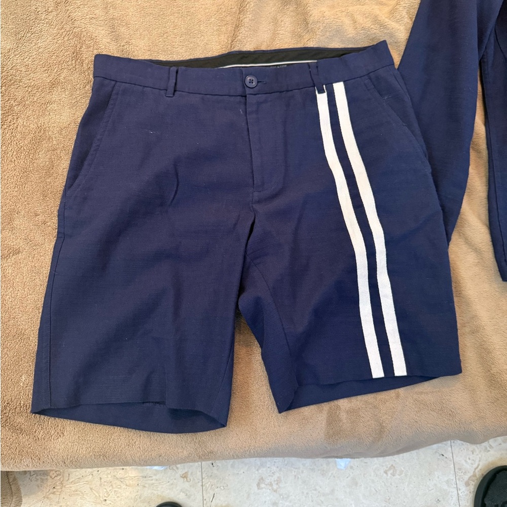 Navy Men's Athletic Shorts and Shirt Set with White Stripes